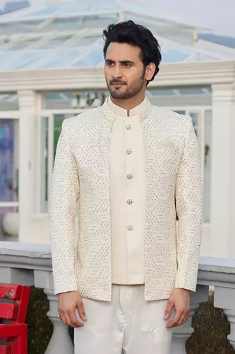 men cream computer thread work on velvet 3 pcs-jacket jodhpuri