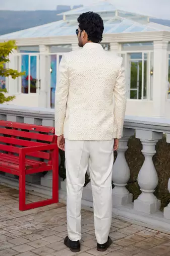 men cream computer thread work on velvet 3 pcs-jacket jodhpuri