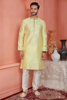men yellow jacquard silk brocade straight kurta churidar without lining 1
