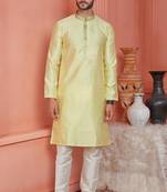men yellow jacquard silk brocade straight kurta churidar without lining