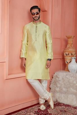 men yellow jacquard silk brocade straight kurta churidar without lining 2