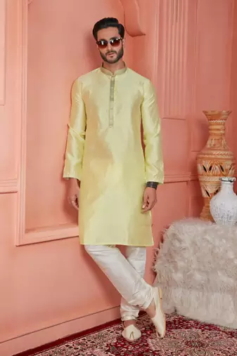 men yellow jacquard silk brocade straight kurta churidar without lining