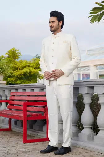men cream computer thread work on velvet 2 pcs-jacket jodhpuri