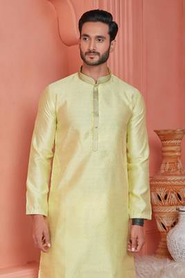 men yellow jacquard silk brocade straight kurta churidar without lining 3