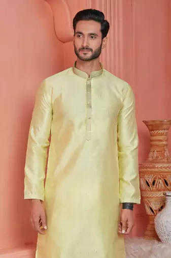 men yellow jacquard silk brocade straight kurta churidar without lining