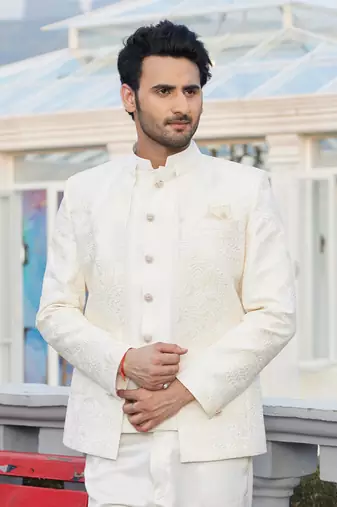 men cream computer thread work on velvet 2 pcs-jacket jodhpuri