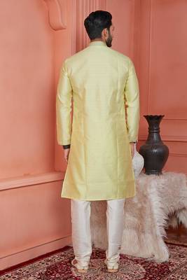 men yellow jacquard silk brocade straight kurta churidar without lining 4