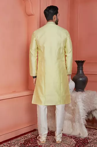 men yellow jacquard silk brocade straight kurta churidar without lining