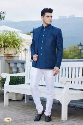 men blue computer thread work on velvet 3 pcs-jacket jodhpuri 1