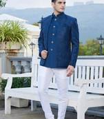 Men blue computer thread work on velvet 3 pcs-jacket jodhpuri