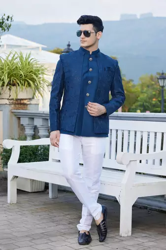 men blue computer thread work on velvet 3 pcs-jacket jodhpuri
