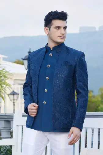 men blue computer thread work on velvet 3 pcs-jacket jodhpuri