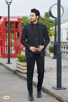 men black computer thread work on velvet 3 pcs-jacket jodhpuri 1