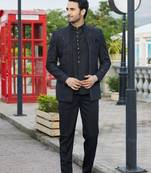 Men black computer thread work on velvet 3 pcs-jacket jodhpuri