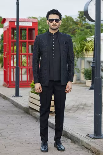 men black computer thread work on velvet 3 pcs-jacket jodhpuri