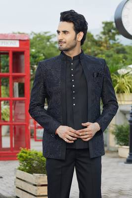 men black computer thread work on velvet 3 pcs-jacket jodhpuri 3