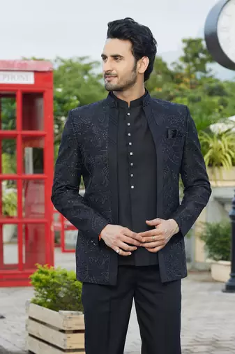 men black computer thread work on velvet 3 pcs-jacket jodhpuri
