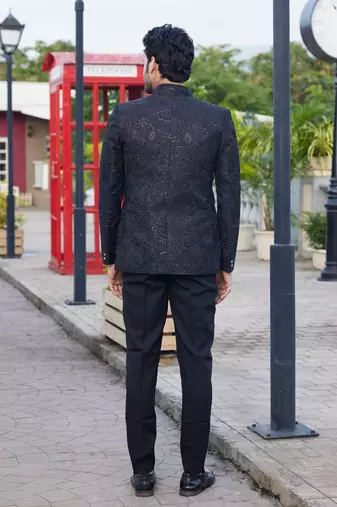 men black computer thread work on velvet 3 pcs-jacket jodhpuri