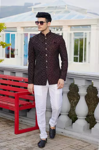 men wine computer thread work on velvet jodhpuri