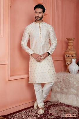 men cream jacquard silk brocade straight kurta churidar without lining 1