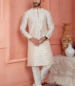 men cream jacquard silk brocade straight kurta churidar without lining