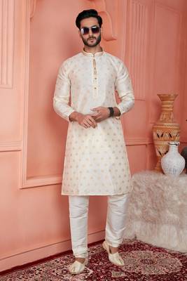 men cream jacquard silk brocade straight kurta churidar without lining 2