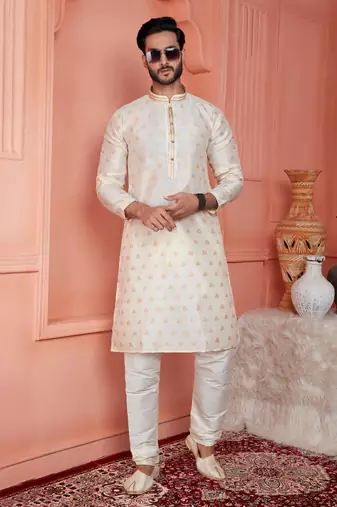 men cream jacquard silk brocade straight kurta churidar without lining