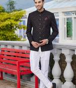 Men black computer thread work on velvet jodhpuri