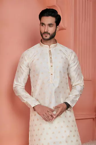 men cream jacquard silk brocade straight kurta churidar without lining