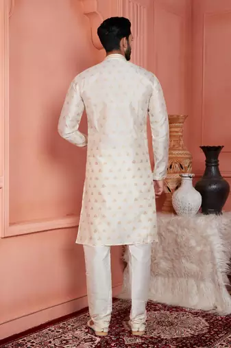 men cream jacquard silk brocade straight kurta churidar without lining