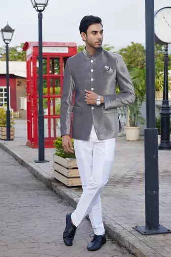 men grey plain velvet jodhpuri