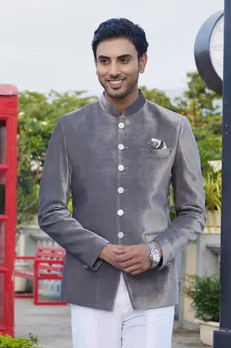 men grey plain velvet jodhpuri