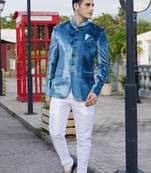 Men teal blue plain velvet jodhpuri
