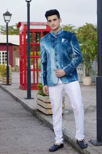 men teal blue plain velvet jodhpuri