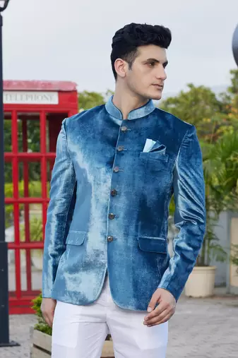 men teal blue plain velvet jodhpuri