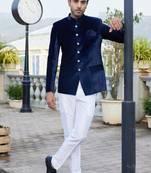 Men blue plain velvet jodhpuri