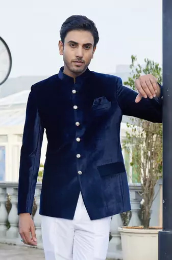 men blue plain velvet jodhpuri