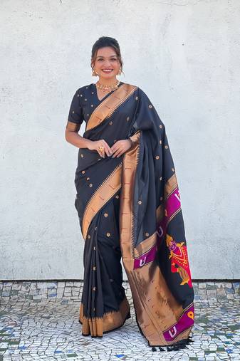 Black zari woven vitthala god paithani silk blend saree