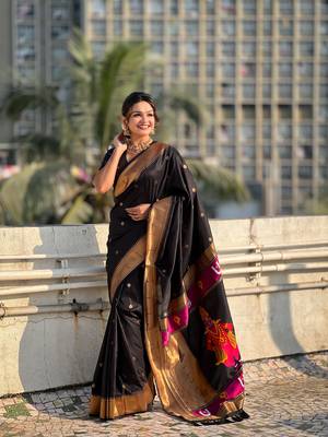Black zari woven vitthala god paithani silk blend saree 1