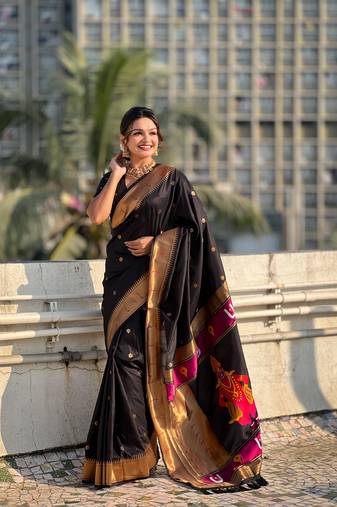 Black zari woven vitthala god paithani silk blend saree