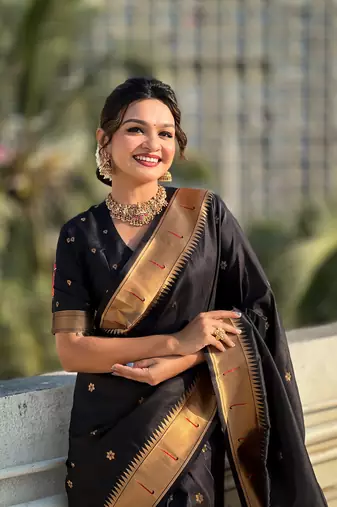 Black zari woven vitthala god paithani silk blend saree