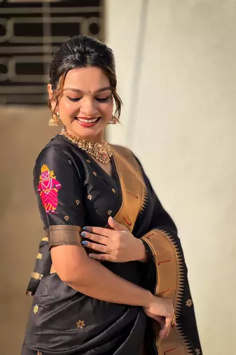 Black zari woven vitthala god paithani silk blend saree