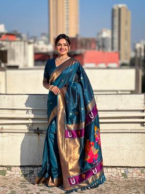 Denim blue zari woven vitthala god paithani silk blend saree 1