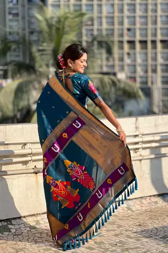 Denim blue zari woven vitthala god paithani silk blend saree