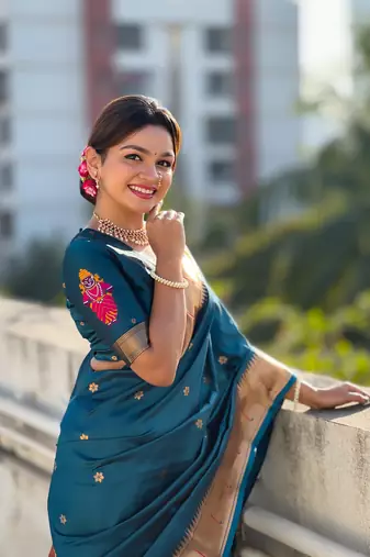 Denim blue zari woven vitthala god paithani silk blend saree