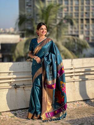 Denim blue zari woven vitthala god paithani silk blend saree 4