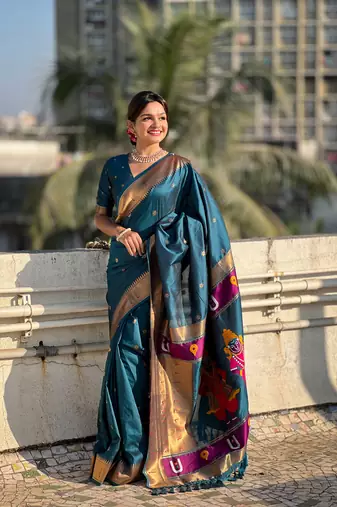 Denim blue zari woven vitthala god paithani silk blend saree