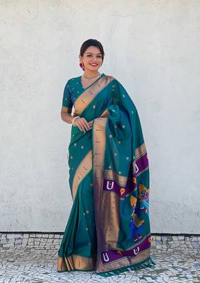 Green zari woven vitthala god paithani silk blend saree 1