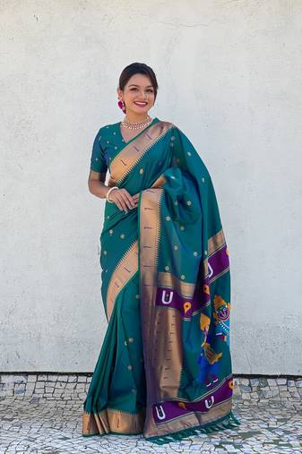 Green zari woven vitthala god paithani silk blend saree