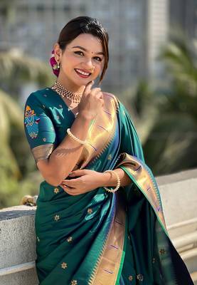 Green zari woven vitthala god paithani silk blend saree 4